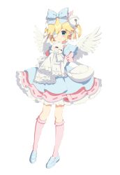 Rule 34 | 1girl, animal, bell, blue bow, blue dress, blue footwear, blush, bow, cat, closed mouth, commission, dress, eyepatch, feathered wings, feathers, full body, hair bow, highres, holding, holding animal, holding cat, jingle bell, kneehighs, loafers, long sleeves, looking at viewer, mamyouda, original, pink socks, shoes, skeb commission, sleeves past fingers, sleeves past wrists, socks, solo, standing, white bow, wings