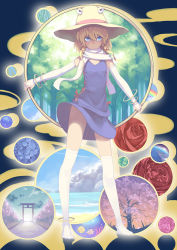 Rule 34 | 1girl, adapted costume, anklet, bamboo, blue eyes, blue sky, bracelet, bridal gauntlets, cherry blossoms, cloud, earth (planet), female focus, fish, flower, forest, hair ribbon, hat, hydrangea, jewelry, legs, long legs, madyy, moriya&#039;s iron rings, moriya suwako, nature, no shoes, planet, rainbow, ribbon, rose, scarf, short hair, sidelocks, skirt, skirt set, sky, smile, solo, thighhighs, thighs, torii, touhou, tree, tropical fish, white background, white thighhighs, wind, wind lift