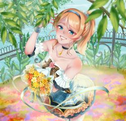 Rule 34 | 1girl, artist name, artist request, ayase eli, bare shoulders, blonde hair, blue eyes, blue sky, blush, bossan osan, bouquet, breasts, checkered clothes, checkered dress, checkered skirt, choker, cleavage, collarbone, dress, female focus, flower, grass, hair ribbon, hairband, highres, holding, holding bouquet, long hair, looking at viewer, love live!, love live! school idol festival, love live! school idol project, outdoors, pantyhose, ponytail, ribbon, short hair, skirt, sky, sleeveless, sleeveless dress, smile, solo