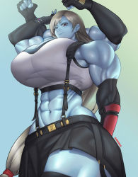 Rule 34 | 1girl, abs, absurdres, black skirt, blue skin, breasts, colored skin, commission, cowboy shot, creatures (company), curvy, elbow gloves, elbow pads, extra arms, final fantasy, final fantasy vii, final fantasy vii remake, fingerless gloves, game freak, gen 1 pokemon, gloves, gradient background, highres, huge breasts, long hair, looking at viewer, looking down, low-tied long hair, machamp, miniskirt, muscular, muscular arms, muscular female, nintendo, personification, pokemon, red eyes, simple background, skirt, smile, solo, square enix, standing, suspender skirt, suspenders, suspenders gap, tank top, the freeman, tifa lockhart, white tank top