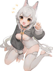 Rule 34 | 1girl, :d, akizone, animal ears, black choker, bow, bowtie, breasts, cat ears, choker, copyright request, covered navel, fang, grey hair, grey leotard, grey thighhighs, hand up, highres, leotard, long hair, medium breasts, nail polish, o-ring, open mouth, orange bow, orange bowtie, orange eyes, orange nails, simple background, skindentation, smile, solo, thighhighs, toeless legwear, white background