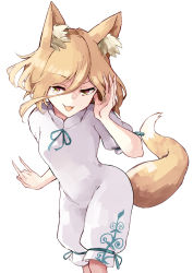 Rule 34 | 1girl, :d, animal ear fluff, animal ears, arm up, blonde hair, blush, bow, breasts, commentary request, covered navel, deetamu, dress, dress bow, eyelashes, feet out of frame, fingernails, fox ears, fox girl, fox shadow puppet, fox tail, full body, green ribbon, hair between eyes, highres, knees, kudamaki tsukasa, long fingernails, looking at viewer, medium breasts, open mouth, pantylines, raised eyebrows, ribbon, romper, short hair, simple background, smile, solo, tail, thighs, touhou, uneven eyes, white background, white dress