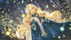 Rule 34 | 1girl, blonde hair, blue dress, blue eyes, commentary, dollar sign, dress, dutch angle, english commentary, eyebrows hidden by hair, forest, hands up, haruri, highres, juliet sleeves, long hair, long sleeves, nature, original, parted bangs, parted lips, puffy sleeves, solo, tree, very long hair