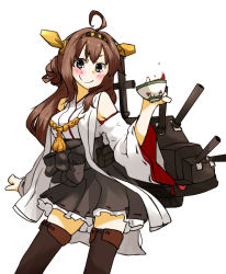 Rule 34 | 10s, 1girl, ahoge, amonitto, black eyes, brown hair, cup, detached sleeves, hair bun, hairband, holding, kantai collection, kongou (kancolle), long hair, looking at viewer, machinery, nontraditional miko, pleated skirt, single hair bun, skirt, solo, teacup, thighhighs, turret, zettai ryouiki