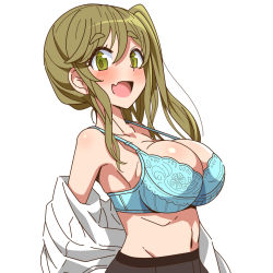 Rule 34 | 1girl, :d, black pantyhose, blue bra, blush, bra, breasts, brown hair, cleavage, clothes pull, commentary, fang, green eyes, highres, inuyama aoi, large breasts, long hair, looking at viewer, navel, off shoulder, open mouth, pantyhose, sekai saisoku no panda, shirt pull, side ponytail, sidelocks, simple background, skin fang, smile, solo, swept bangs, thick eyebrows, underwear, undressing, upper body, white background, yurucamp
