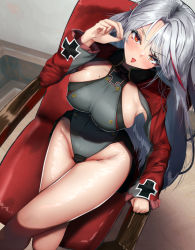 Rule 34 | 1girl, adapted costume, azur lane, bad id, bad twitter id, blush, breasts, chair, crossed legs, from above, greengerx, grey leotard, indoors, large breasts, leotard, long hair, looking at viewer, looking up, mole, mole on breast, multicolored hair, prinz eugen (azur lane), red eyes, red hair, red sleeves, shiny skin, sideboob, silver hair, sitting, skindentation, solo, streaked hair, tongue, tongue out, two-tone hair, very long hair