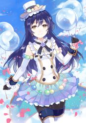 Rule 34 | 10s, 1girl, apring, bad id, bad pixiv id, balloon, bare shoulders, black gloves, black pantyhose, blue hair, blue skirt, blue sky, buttons, closed mouth, cloud, cowboy shot, day, detached sleeves, double-breasted, dress, earrings, female focus, flower, frilled skirt, frilled sleeves, frills, gem, gloves, hat, headdress, holding, holding balloon, jewelry, long hair, long sleeves, looking at viewer, love live!, love live! school idol festival, love live! school idol project, outdoors, pantyhose, pearl (gemstone), petals, purple flower, purple rose, rose, skirt, sky, smile, solo, sonoda umi, sparkle, standing, thighhighs, top hat, uniform, waist cape, white hat, white thighhighs, yellow eyes