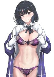 Rule 34 | 1girl, absurdres, black hair, bra, breasts, closed mouth, cowboy shot, gloves, grey eyes, haguro (kancolle), haguro kai ni (kancolle), highres, jacket, kantai collection, ken (shutenndouji1), large breasts, long sleeves, military uniform, navel, open clothes, open jacket, open shirt, panties, purple bra, purple jacket, purple panties, short hair, simple background, smile, solo, standing, underwear, uniform, white background, white gloves