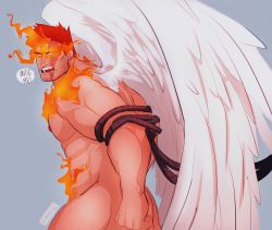 Rule 34 | 1boy, abs, angel wings, ass, bara, blue eyes, body hair, boku no hero academia, completely nude, endeavor (boku no hero academia), english text, facial hair, fire, hairy, highres, large pectorals, male focus, muscular, nipples, nude, pectorals, red hair, rope, scar, short hair, solo, spiked hair, stormcallart, stubble, thighs, wings