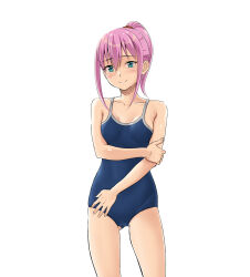 Rule 34 | 1girl, bare shoulders, blue eyes, blue one-piece swimsuit, blush, breasts, closed mouth, gluteal fold, hand on own hip, highres, looking at viewer, malcorond, medium hair, one-piece swimsuit, original, pink hair, ponytail, school swimsuit, sidelocks, simple background, small breasts, smile, solo, split mouth, standing, swimsuit, white background