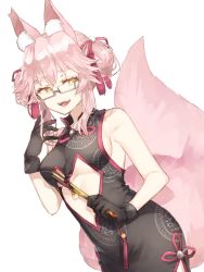 Rule 34 | 1girl, :d, animal ear fluff, animal ears, bare shoulders, black gloves, breasts, china dress, chinese clothes, dress, fang, fate/grand order, fate (series), folded fan, folding fan, fox ears, fox tail, glasses, gloves, hair ornament, hand fan, highres, koyanskaya (chinese lostbelt outfit) (fate), koyanskaya (fate), oomori (kswmr), open mouth, pink hair, simple background, sleeveless, smile, solo, tail, tamamo (fate), teeth, white background, yellow eyes