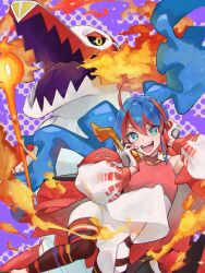 Rule 34 | 1girl, absurdres, bossan 3310, creatures (company), crossover, fire, fire miku (project voltage), game freak, hatsune miku, highres, nintendo, official alternate costume, pokemon, pokemon (creature), project voltage, skeledirge, vocaloid