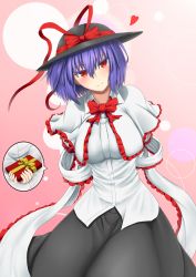 Rule 34 | 1girl, arms behind back, black hat, black skirt, blue hair, blush, bow, bowtie, box, capelet, closed mouth, cowboy shot, frills, gift, gift box, gnlo, hair between eyes, hat, hat bow, hat ribbon, head tilt, highres, nagae iku, red bow, red bowtie, red eyes, red ribbon, ribbon, shawl, shirt, short hair, skirt, smile, solo, spoken object, touhou, tsurime, white shirt