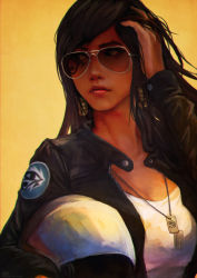 Rule 34 | 1girl, absurdres, aviator sunglasses, black hair, brown eyes, brown jacket, casual, closed mouth, dark-skinned female, dark skin, dog tags, earrings, expressionless, eye of horus, facial tattoo, glasses, hand in own hair, hand up, unworn headwear, helmet, unworn helmet, highres, holding, holding helmet, jacket, jewelry, leather, leather jacket, logo, long hair, long sleeves, looking to the side, monori rogue, necklace, open clothes, open jacket, orange background, overwatch, overwatch 1, pendant, pharah (overwatch), pink lips, shirt, simple background, solo, sunglasses, t-shirt, tattoo, white-framed eyewear, white shirt
