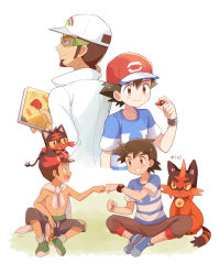 Rule 34 | 2boys, aged down, ash ketchum, bad id, bad pixiv id, baseball cap, black hair, blouse, blue footwear, blue shirt, book, brown eyes, brown hair, brown pants, capri pants, creatures (company), dark-skinned male, dark skin, eye contact, fist bump, game freak, gen 7 pokemon, green footwear, grin, hat, highres, holding, holding book, indian style, kukui (pokemon), litten, looking at another, male focus, mei (maysroom), multiple boys, multiple views, nintendo, on head, open mouth, pants, pokemon, pokemon (anime), pokemon (creature), pokemon on head, pokemon sm125, pokemon sm (anime), shirt, sitting, smile, spiked hair, striped clothes, striped shirt, tagme, tied shirt, topless male, torracat, upper body, white background, z-ring