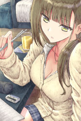 Rule 34 | 1girl, absurdres, aramachi, bag, breasts, brown hair, cleavage, eraser, highres, holding, indoors, jewelry, juice, long hair, necklace, original, pencil case, ponytail, pov, school bag, school uniform, sitting, solo, yellow eyes
