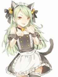 Rule 34 | 1boy, animal ears, apron, bare shoulders, bell, black bow, black dress, black thighhighs, bow, brown eyes, cat ears, cat tail, choker, cowboy shot, detached sleeves, dress, fangs, frilled thighhighs, frills, green hair, hair bell, hair bow, hair ornament, jingle bell, junekun, long hair, maid, maid headdress, male focus, neck bell, open mouth, original, paw pose, puffy short sleeves, puffy sleeves, short sleeves, smile, solo, swept bangs, tail, thighhighs, trap, waist apron, white apron, white background, wrist cuffs