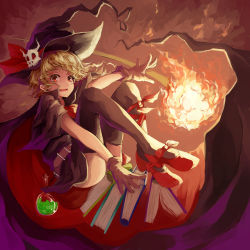 Rule 34 | 1girl, blonde hair, book, bow, cape, fire, fireball, flask, gloves, hat, highres, nanahara fuyuki, original, red eyes, round-bottom flask, shoes, skull, solo, thighhighs, witch, witch hat