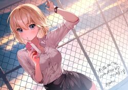 Rule 34 | 1girl, absurdres, almic, blonde hair, blue eyes, breasts, dress shirt, drinking straw, dutch angle, evening, fence, gyaru, hair between eyes, highres, juice box, kogal, light blush, long sleeves, looking at viewer, medium breasts, medium hair, original, outdoors, pleated skirt, rooftop, school, school uniform, shirt, shirt partially tucked in, skirt, sleeves rolled up, solo, sunset, translation request, watch, white shirt, wing collar