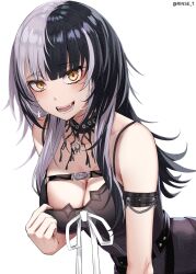 1girl armband black_dress black_hair breasts chest_belt choker cleavage commentary dress english_commentary grey_hair highres hololive hololive_english lace lace_choker large_breasts long_hair looking_at_viewer multicolored_hair open_mouth rinse_7 shiori_novella shiori_novella_(1st_costume) simple_background solo split-color_hair teeth twitter_username virtual_youtuber white_background yellow_eyes