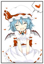 Rule 34 | 1girl, :d, ^ ^, bat wings, blue hair, border, closed eyes, closed eyes, fang, female focus, happy, hat, hat ribbon, heart, open mouth, remilia scarlet, ribbon, shingetsu takehito, smile, solo, spoken heart, touhou, v arms, wings