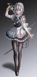 Rule 34 | 1girl, apron, black background, black footwear, black pantyhose, blue dress, blue eyes, bow, braid, breasts, commentary request, dress, frilled apron, frills, full body, gradient background, green bow, grey background, hair between eyes, hair bow, highres, holding, holding sword, holding weapon, izayoi sakuya, jan (lightdragoon), looking at viewer, maid apron, maid headdress, medium breasts, pantyhose, petticoat, pocket watch, puffy short sleeves, puffy sleeves, rapier, shadow, sheath, shoes, short dress, short hair, short sleeves, silver hair, smile, solo, standing, sword, thighs, touhou, twin braids, watch, weapon, wrist cuffs