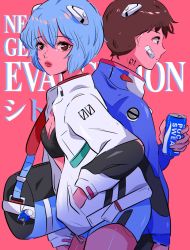 Rule 34 | 1boy, 1girl, ayanami rei, bag, bandaid, bandaid on face, blue eyes, blue hair, blue jacket, bomber jacket, breasts, brown hair, can, cleavage, copyright name, crop top, drink, hand in pocket, highres, holding, holding can, ikari shinji, jacket, lips, neon genesis evangelion, pocari sweat, red background, red eyes, short hair, shorts, simple background, small breasts, stephanie priscilla, tattoo, white jacket