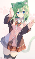 Rule 34 | 1girl, animal ear fluff, animal ears, black bow, black bowtie, black jacket, black thighhighs, blue eyes, bow, bowtie, buttons, cardigan, cat ears, cat girl, cat tail, commentary, cowboy shot, green hair, hair ornament, hairclip, highres, jacket, long sleeves, open clothes, open jacket, original, over-kneehighs, paw print, pink cardigan, plaid, plaid skirt, red bow, red bowtie, red skirt, school uniform, shirai tanuki, short hair, simple background, skirt, solo, striped bow, striped bowtie, striped clothes, tail, takeda emi, thighhighs, twitter username, uniform, white background