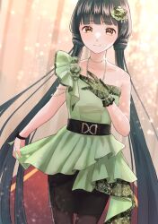 Rule 34 | 1girl, absurdres, asymmetrical gloves, bare shoulders, belt, black belt, blue hair, blurry, blurry background, blush, bracelet, breasts, brown eyes, closed mouth, collarbone, corsage, dot nose, dress, flower, gloves, green dress, green gloves, hair flower, hair ornament, hand on own chest, highres, idolmaster, idolmaster million live!, idolmaster million live! theater days, jewelry, kitakami reika, long hair, looking at viewer, low twintails, medium breasts, necklace, pantyhose, pearl bracelet, pearl necklace, pencil skirt, rat0rat0, red carpet, side slit, skirt, skirt hold, smile, solo, twintails, uneven gloves, very long hair, wristband