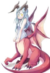 Rule 34 | 1girl, 4138, centauroid, clothes pull, dragon girl, female focus, highres, horns, long hair, monster girl, original, shirt pull, simple background, solo, tail, taur, white background, wings, yellow eyes