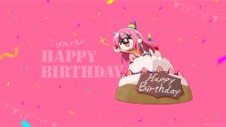 Rule 34 | 1girl, birthday cake, bocchi the rock!, cake, candle, commentary request, cube hair ornament, fake facial hair, fake mustache, food, fruit, gotoh hitori, hair ornament, happy birthday, hat, highres, long hair, official art, official wallpaper, party hat, pink hair, simple background, solo, strawberry, yamamoto yuusuke (animator)