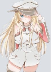 Rule 34 | 10s, 1girl, bad id, bad pixiv id, bismarck (kancolle), blonde hair, blue eyes, breasts, hand on headwear, hat, hiro (hirohiro31), kantai collection, large breasts, long hair, military, military hat, military uniform, no gloves, one eye closed, personification, solo, thighhighs, uniform, wink