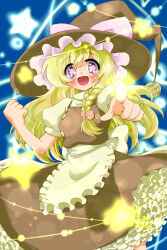 Rule 34 | 1girl, :d, apron, blonde hair, blue background, blush, bow, braid, breasts, brown hat, brown skirt, brown vest, buttons, clenched hand, commentary request, feet out of frame, frilled skirt, frills, hair bow, hat, hat bow, highres, iwaserie, kirisame marisa, long hair, looking at viewer, open mouth, pentagram, pink bow, pointing, pointing at viewer, puffy short sleeves, puffy sleeves, purple eyes, shirt, short sleeves, single braid, skirt, skirt set, small breasts, smile, solo, star-shaped pupils, star (symbol), symbol-shaped pupils, touhou, turtleneck, vest, waist apron, white apron, white shirt, witch hat
