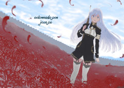 Rule 34 | 1girl, 86 -eightysix-, antenna hair, artist name, black jacket, blue sky, clenched hand, cloud, collared jacket, commentary request, cropped jacket, derivative work, field, flower, garter straps, grey eyes, grey hair, gun, hair between eyes, high collar, holding, holding gun, holding weapon, jacket, josepc, long hair, long sleeves, looking at viewer, military, military uniform, outdoors, over shoulder, parted lips, petals, red flower, rifle, shirt, sky, solo, standing, thigh strap, thighhighs, translation request, uniform, vladilena millize, weapon, weapon over shoulder, white shirt, white thighhighs, wind, zettai ryouiki