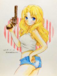 Rule 34 | 1girl, ass, blonde hair, blue eyes, blue shorts, blush, closed mouth, colored pencil (medium), commentary, cutoffs, dated, denim, denim shorts, from side, girls und panzer, gun, hair intakes, hand on own hip, handgun, highres, holding, holding gun, holding weapon, kay (girls und panzer), light blush, long hair, looking at viewer, micro shorts, midriff, q-bee (aaru), revolver, shirt, shorts, smile, solo, standing, tank top, traditional media, trigger discipline, twitter username, weapon, white shirt