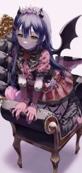 Rule 34 | 1girl, absurdres, ankle lace-up, armchair, blue hair, bow, bracelet, chair, cross-laced footwear, demon horns, demon tail, demon wings, dress, floral print, gloves, hair ornament, hairclip, highres, horns, jewelry, long hair, love live!, love live! school idol project, myon rio, puffy short sleeves, puffy sleeves, short sleeves, sitting, solo, sonoda umi, tail, wings, yellow eyes