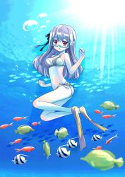 Rule 34 | 1girl, :d, bikini, breasts, bubble, diving, diving mask, fish, flippers, freediving, full body, goggles, gradient background, hidamari sketch, highres, holding breath, long hair, looking at viewer, matsuri (hidamari sketch), navel, ocean, open mouth, quro (black river), red eyes, silver hair, smile, solo, swimming, swimsuit, underwater