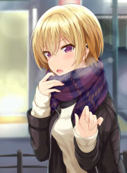 Rule 34 | 1girl, adjusting clothes, blonde hair, blurry, blush, breasts, coat, depth of field, ear piercing, hair between eyes, highres, idolmaster, idolmaster shiny colors, jacket, long sleeves, looking at viewer, medium breasts, oga raito, open mouth, piercing, purple eyes, saijo juri, scarf, short hair, solo, sweater, tsurime, upper body, winter clothes, winter coat