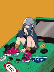 Rule 34 | 1girl, bandaid, bandaid on cheek, bandaid on face, baseball cap, between legs, black eyes, black shorts, closed mouth, clover, commentary, four-leaf clover, full body, game boy, grey hair, grey sweater, hand between legs, hand up, handheld game console, hat, highres, knees up, long sleeves, looking at viewer, nao97122, original, pink footwear, ponytail, shoes, shorts, sidelocks, simple background, sitting, sneakers, socks, solo, sticker, streetwear, sweater, symbol-only commentary, triple vertical stripe, white hat, yellow background, yellow socks