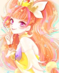 Rule 34 | 1girl, :p, amanogawa kirara, bad id, bad pixiv id, bare shoulders, choker, cure twinkle, earrings, gloves, go! princess precure, jewelry, long hair, looking at viewer, magical girl, multicolored hair, orange hair, pink hair, precure, purple eyes, smile, solo, star (symbol), star earrings, streaked hair, suyamii, tongue, tongue out, twintails, two-tone hair