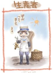 Rule 34 | 1girl, animal ears, apron, blue sky, boots, brown eyes, brown hair, chipmunk ears, chipmunk girl, chipmunk tail, extra ears, gloves, hat, kemono friends, kemono friends v project, looking at viewer, nyororiso (muyaa), open mouth, pants, potato, ribbon, shirt, short hair, siberian chipmunk (kemono friends), simple background, sky, solo, tail, virtual youtuber