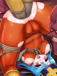 Rule 34 | anal, anal fisting, anus, ass, ass juice, bdsm, blue hair, blush, bodysuit, bondage, boots, bound, breasts, cameltoe, censored, chunsoft, deranger, double anal, double fisting, dragon quest, dragon quest iii, enix, fisting, hat, highres, multiple anal, multiple insertions, navel, nipples, priest (dq3), pussy, red eyes, rope, sweat, tears, thighs, torn clothes, trubka