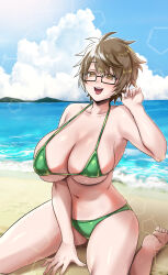 Rule 34 | 1girl, :d, aussa (yu-gi-oh!), aussa the earth charmer, bare shoulders, beach, between legs, bikini, blue sky, breasts, brown eyes, brown hair, cleavage, cloud, collarbone, commentary request, day, duel monster, glasses, green bikini, hair between eyes, hand between legs, hand up, highres, huge breasts, kaisen pasta, lens flare, navel, ocean, open mouth, outdoors, shadow, short hair, sidelocks, sitting, sky, smile, solo, stomach, swimsuit, teeth, upper teeth only, wariza, yu-gi-oh!