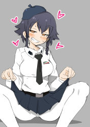 Rule 34 | 1girl, anzio school uniform, belt, beret, black belt, black hair, black hat, black necktie, black skirt, blush, braid, brown eyes, clothes lift, commentary, dress shirt, emblem, girls und panzer, grey background, grin, half-closed eyes, hat, heart, lifted by self, long sleeves, looking at viewer, miniskirt, necktie, ngc20701, pantyhose, pepperoni (girls und panzer), pleated skirt, school uniform, shadow, shirt, short hair, side braid, simple background, sitting, skirt, skirt lift, smile, solo, spread legs, sweat, white pantyhose, white shirt, wing collar