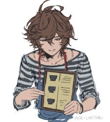Rule 34 | 1boy, ahoge, apron, bishounen, blue apron, brown hair, coffee cup, commentary, cup, disposable cup, english commentary, granblue fantasy, holding, holding menu, light smile, looking down, male focus, menu, messy hair, red eyes, sandalphon (granblue fantasy), sandalphon (server of a sublime brew) (granblue fantasy), shirt, short hair, sketch, striped clothes, striped shirt, tumblr username, vertical-striped clothes, vertical-striped shirt, wahoosandalphon