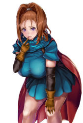 Rule 34 | 1girl, barbara (dq6), bare legs, blue dress, blush, breasts, cape, dragon quest, dragon quest vi, dress, female focus, large breasts, leaning forward, looking at viewer, orange hair, purple eyes, saint (pixiv5684441), seinto (metameter), simple background, solo, square enix, standing, white background
