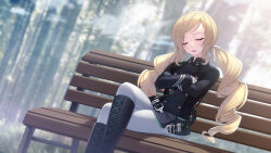 Rule 34 | 1girl, ahoge, belt, bench, black footwear, blush, boots, buttons, closed eyes, counter:side, cross-laced footwear, crossed arms, crossed legs, double-breasted, drill hair, dutch angle, high collar, highres, long hair, long sleeves, open mouth, outdoors, pants, park bench, rheez, sidelocks, sitting, sleeping, swept bangs, twin drills, uniform, very long hair, white pants