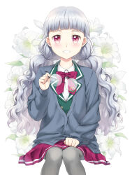 Rule 34 | 1girl, :d, avocado academy school uniform, black pantyhose, blunt bangs, blush, cardigan, collared shirt, commentary request, cowboy shot, floral background, green jacket, grey cardigan, grey hair, hand on own leg, holding, holding removed eyewear, idol time pripara, invisible chair, jacket, koda michiru, long hair, long sleeves, looking at viewer, low twintails, miniskirt, neck ribbon, open mouth, pantyhose, pleated skirt, pretty series, pripara, purple skirt, red eyes, ribbon, round eyewear, school uniform, shirt, sitting, skirt, smile, solo, twintails, unworn eyewear, unya (unya-unya), very long hair, wavy hair, white lily, white shirt