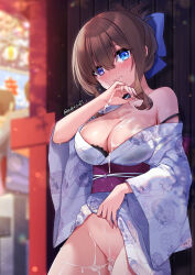 Rule 34 | 1girl, blue eyes, breasts, brown hair, cleavage, cum, cum on body, cum on breasts, cum on upper body, highres, hoshina meito, japanese clothes, kimono, large breasts, purple eyes, solo, tears