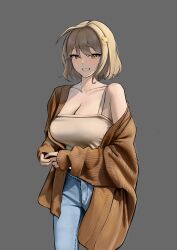 Rule 34 | 1girl, absurdres, ahoge, anis (nikke), bare shoulders, blonde hair, blush, bodam, breasts, brown cardigan, brown eyes, brown shirt, cardigan, casual, cleavage, collarbone, denim, goddess of victory: nikke, grey background, grin, highres, jeans, large breasts, looking at viewer, open cardigan, open clothes, pants, shirt, short hair, simple background, smile, solo